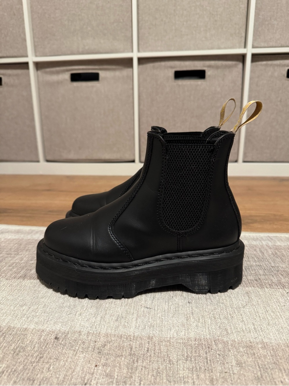 Dr. Martens Black Platform Chelsea Booties with Yellow Pull Tabs